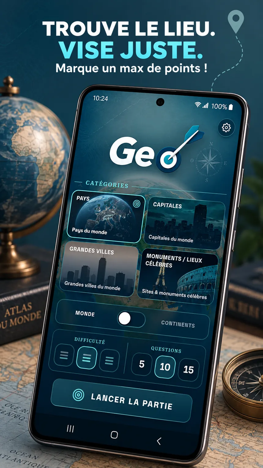 GeoTarget - pantalla de inicio con las categorías Países, Capitales, Grandes ciudades y Monumentos