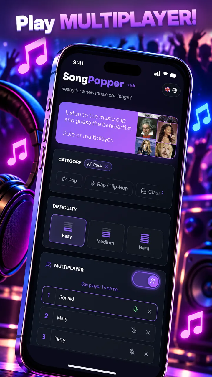 SongPopper: multiplayer game setup with Rock and Easy selected