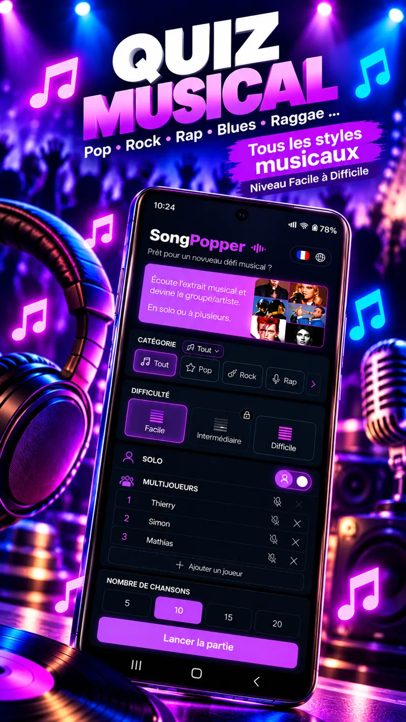 SongPopper : choix des styles musicaux, de la difficulté et des joueurs