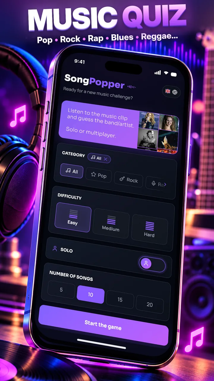 SongPopper: solo game setup with 10 songs selected