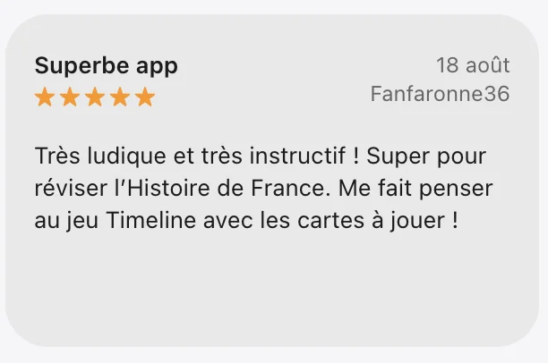 Opinión: ¡Muy divertido e instructivo! Genial para repasar la historia de Francia.